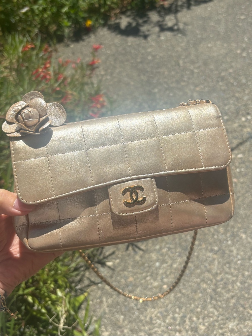 CHANEL Quilted Camellia Chain Wallet — Metallic Beige
